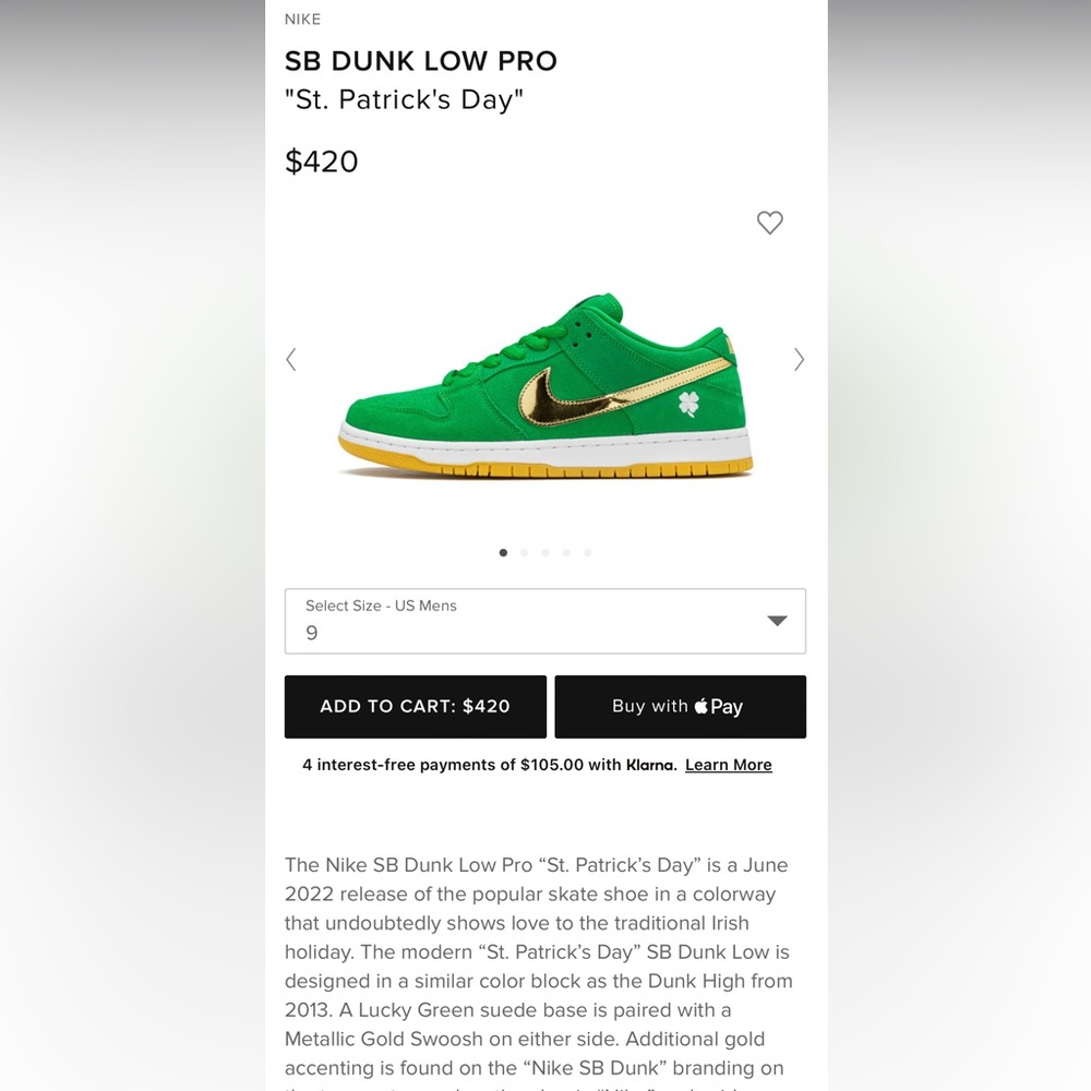 Brand new limited edition green St. Patrick’s Day Nike SB dunk low pro.